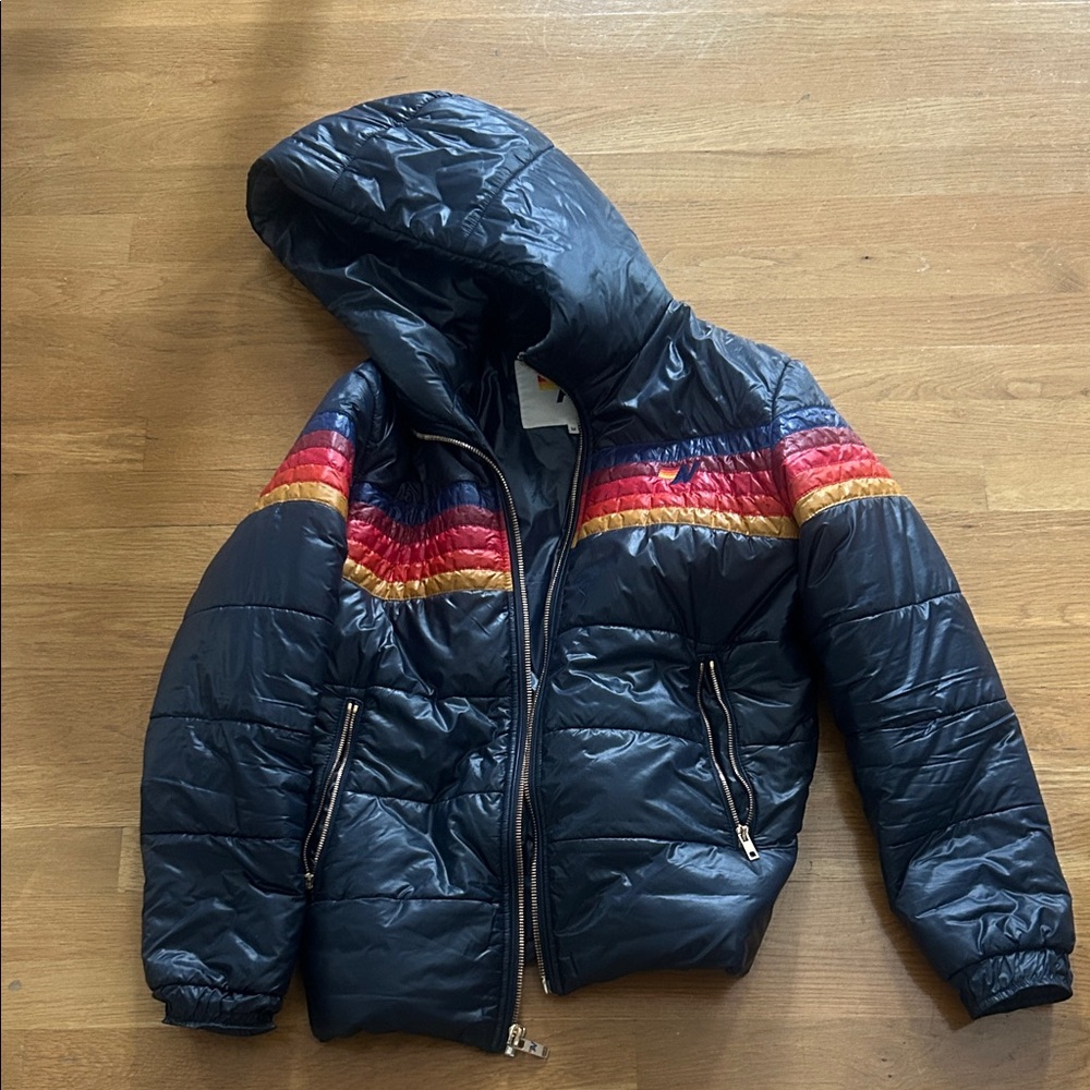 Aviator Nation Black Puffer Jacket with Rainbow Stripes